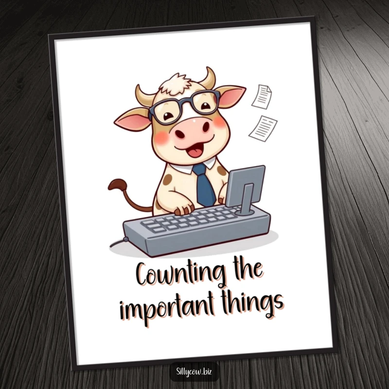 Funny Free Printable Cow Wall Art: Cute cow in tie, glasses typing on big keyboard, papers flying.
