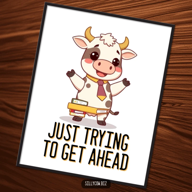 Funny Free Printable Wall Art: A playful cow wearing a novelty tie comically struggles to keep a large stack of folders from tumbling.