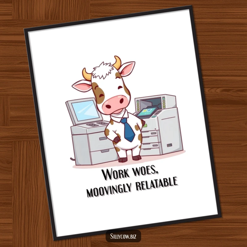 Funny Free Printable Wall Art of a cow in a tie attempting to use a malfunctioning photocopier.