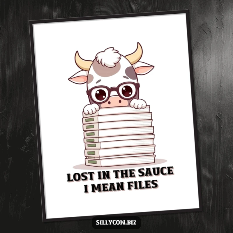 Funny Free Printable Wall Art: Silly cow wearing glasses peeking over a massive stack of files, office humor.
