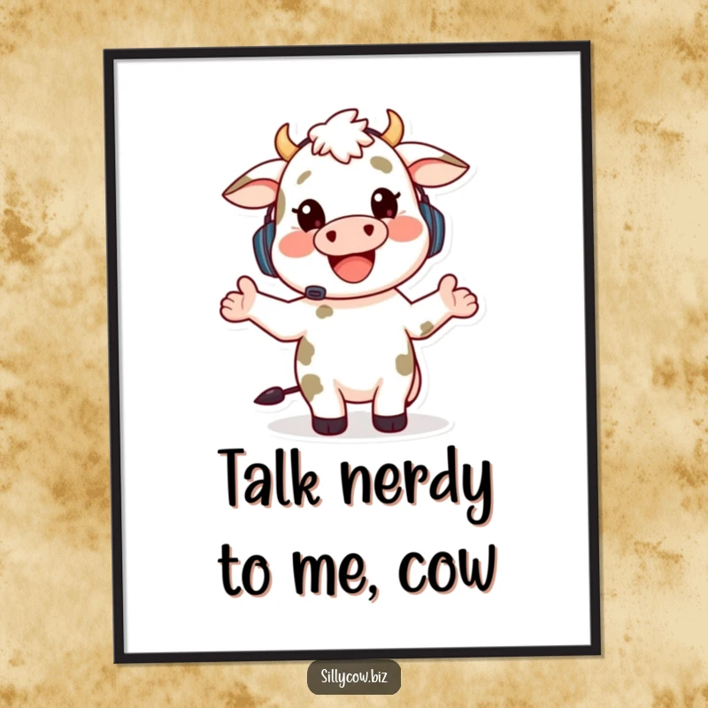 Funny Free Printable Wall Art: Happy cow wearing a headset enthusiastically gesturing while talking, office humor.