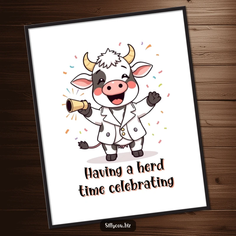 Funny Free Printable Wall Art: A stylish cow dressed in a tiny blazer joyfully ignites a confetti cannon, scattering vibrant streamers.