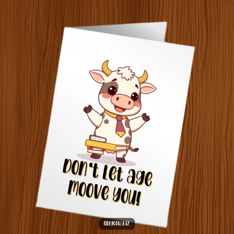 Funny Free Printable Birthday Card: A playful cow in a novelty tie comically struggles to balance a towering stack of office folders.
