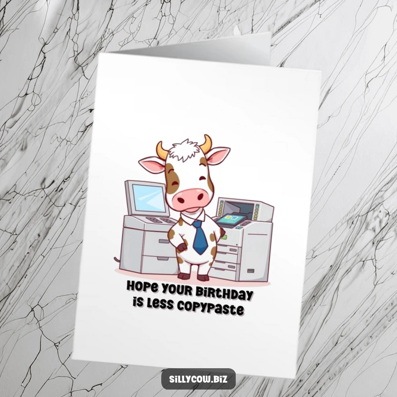 Funny Free Printable Birthday Card: A cow in a tie struggling with a malfunctioning photocopier.
