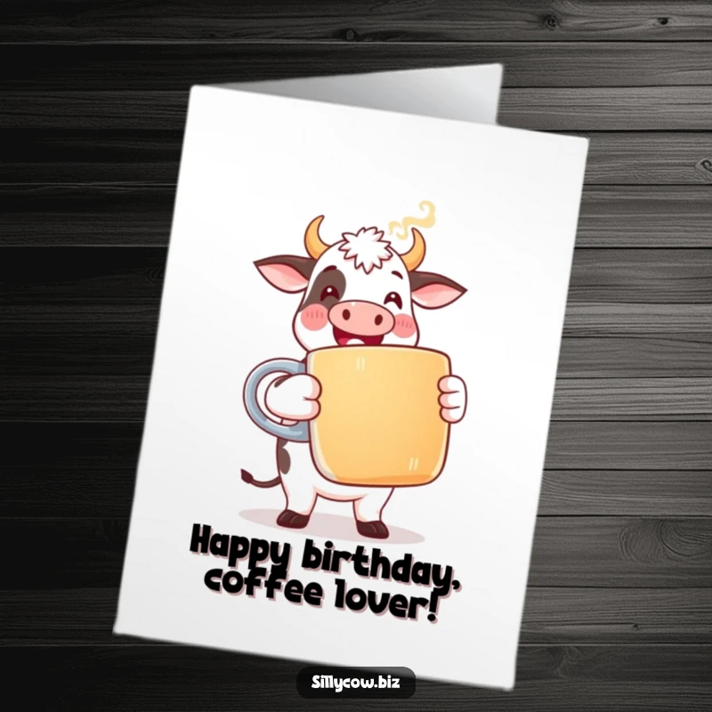 Funny Free Printable Cow Card: Happy cow in office attire holding a giant coffee mug.