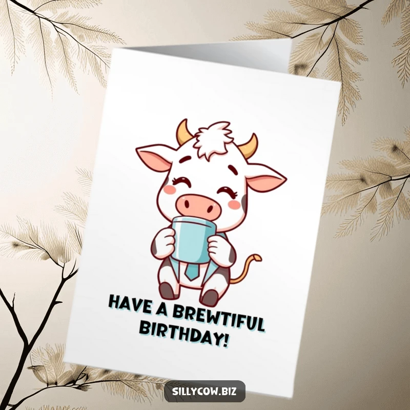 Funny Free Printable Birthday Card: Cheerful cow in suit sipping coffee, a humorous birthday greeting.