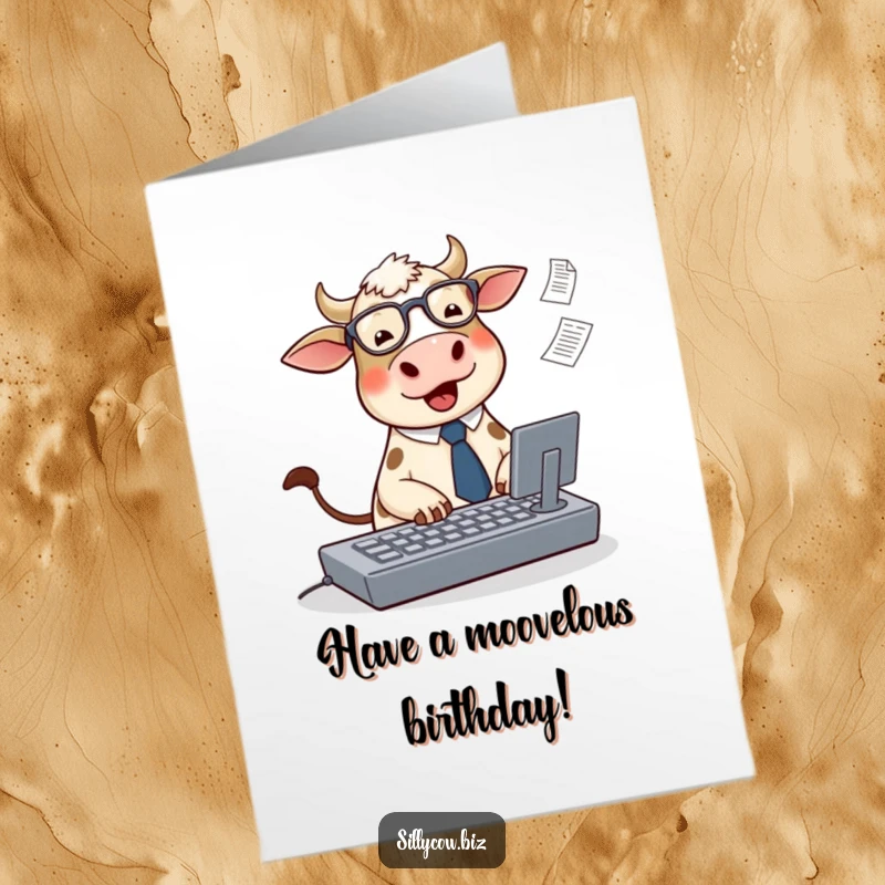 Funny Free Printable Cow Card: Round cow in tie and glasses typing frantically, papers flying.