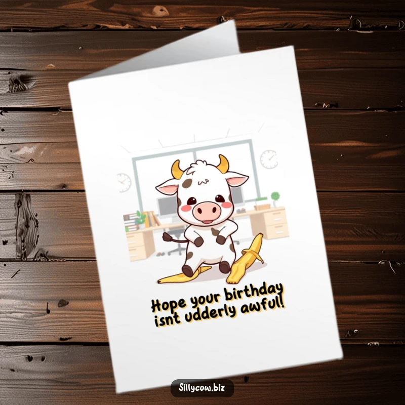 Funny Free Printable Birthday Card showing a kawaii cow slipping on a banana peel in an office.