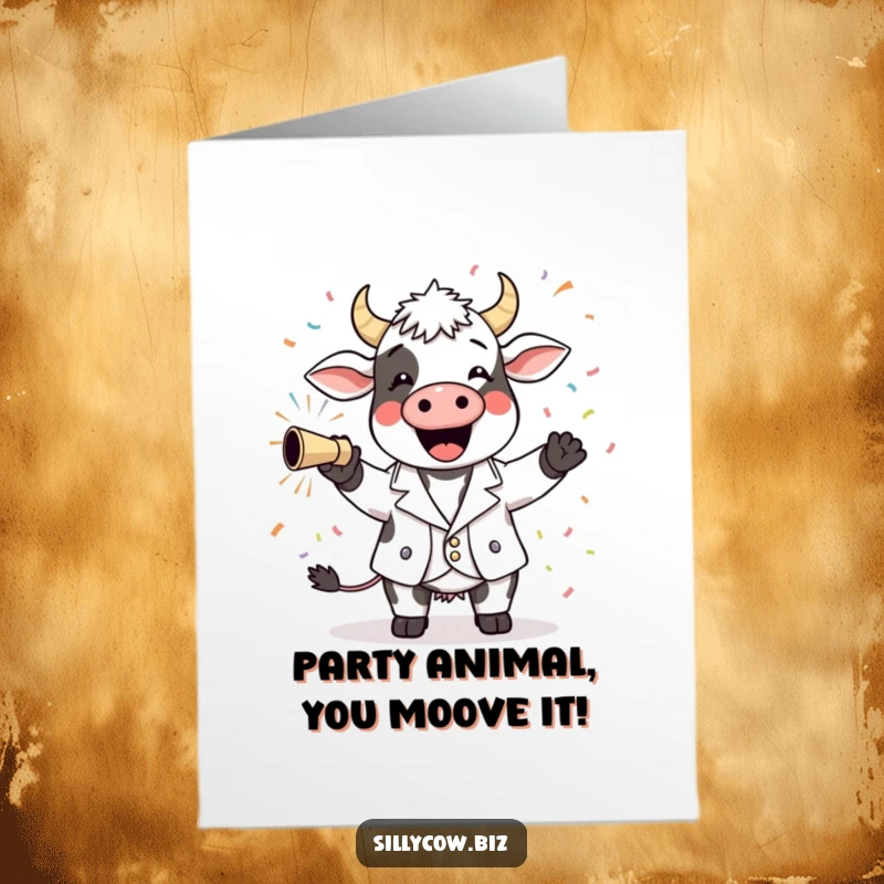 Funny Free Printable Birthday Card: A cheerful cow in a tiny blazer, joyfully celebrating with a confetti cannon, ready to party.