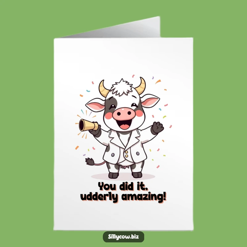 Free Printable Congrats Card: Cow in Blazer Shoots Confetti, Funny Downloadable Achievement Gift