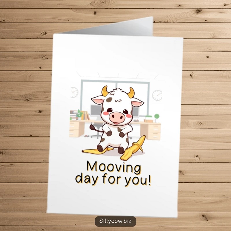 Funny Free Printable Congratulations Card: A kawaii cow comically slips on a banana peel in an office.