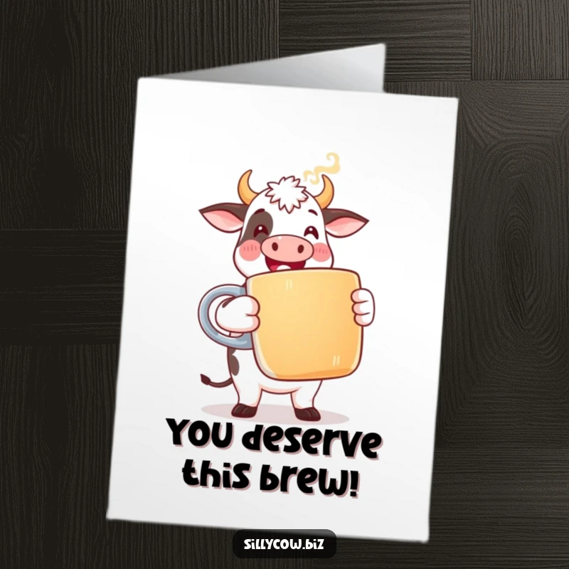 Funny Free Printable Cow Card: Stylized cow in office attire gleefully holding giant coffee mug.
