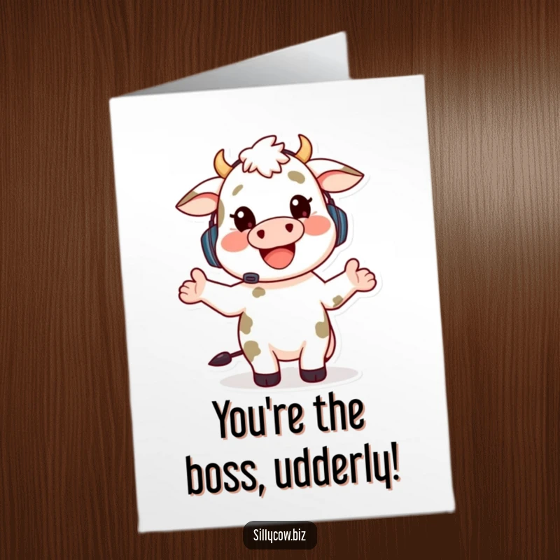 Funny Free Printable Congratulations Card: Happy cow in headset gesturing, celebrating success in customer service.