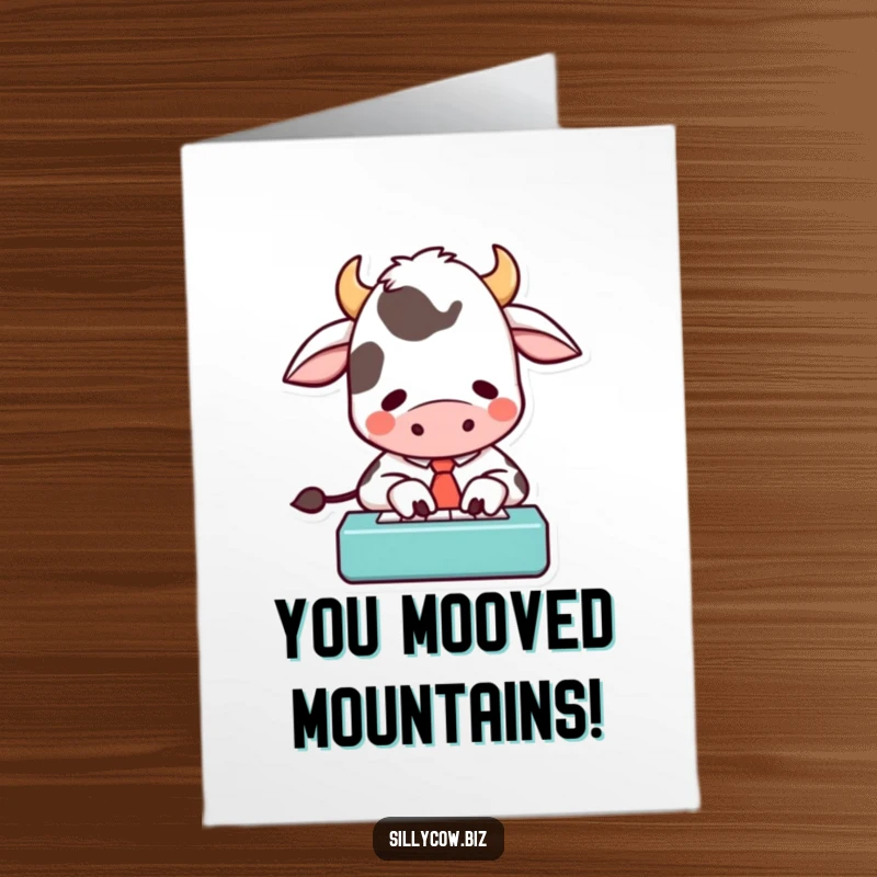 Funny Free Printable Congratulations Card: Cow in tie typing enthusiastically, a humorous office success printable.