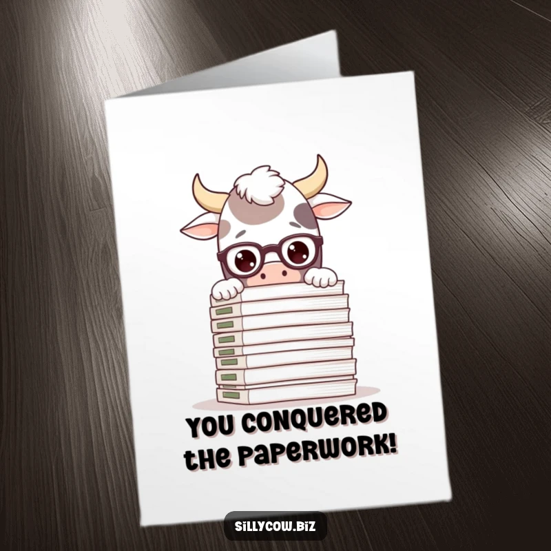 Funny Free Printable Congratulations Card: Silly cow in glasses over files, celebrating achievement humor.