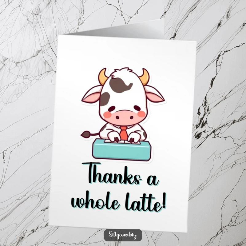 Funny Free Printable Thank You Card: Cow in tie typing, expressing gratitude with office humor, printable.