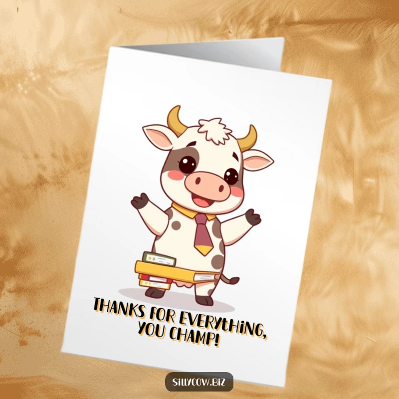 Funny Free Printable Thank You Card: A cow in a novelty tie comically attempts to manage a huge stack of folders, expressing thanks.