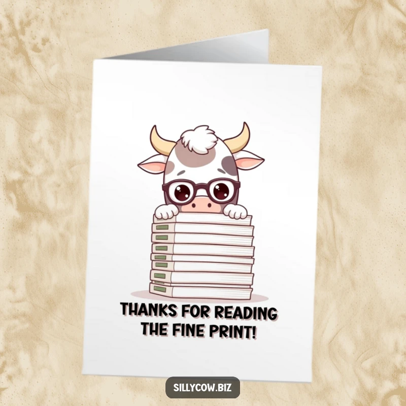 Funny Free Printable Thank You Card: Silly cow with glasses behind a large stack of files, thankful.