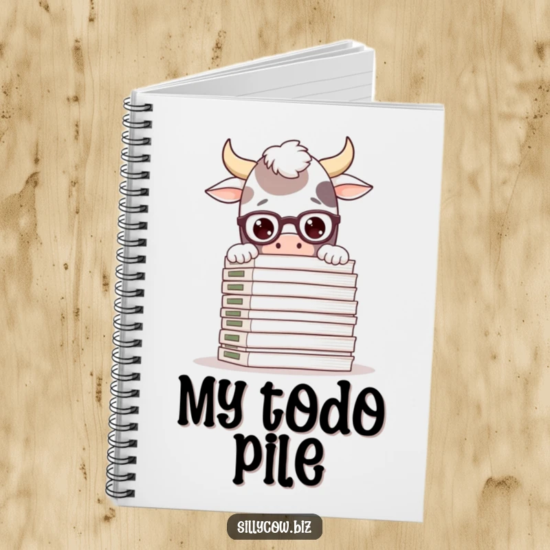 Funny notebook featuring a silly cow wearing glasses, peeking over a large stack of files, perfect for note-taking with humor.