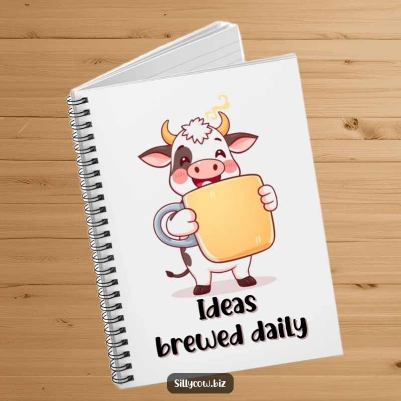 Funny Cow Notebook: A happy cow in office attire holds a giant coffee mug with steam, ideal for jotting down notes.