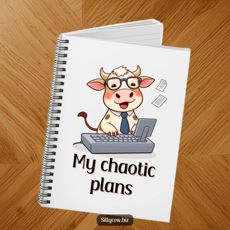 Funny Cow Notebook: A cute, round cow in glasses and a tie types on a keyboard with papers flying, ideal for work notes.