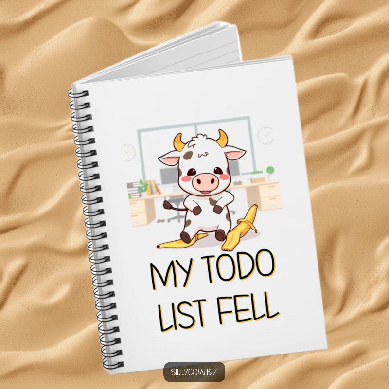 Funny Cow Notebook: Kawaii cow comically slips on a banana peel in an office, perfect for jotting notes.