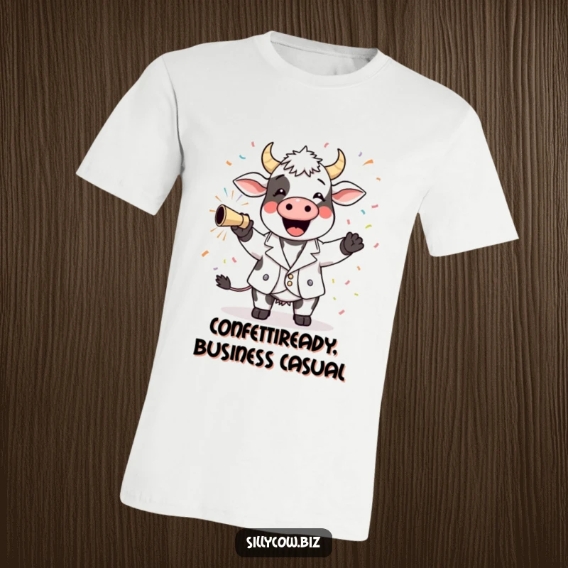 Funny Cow T-Shirt: A joyful cow dressed in a tiny blazer, enthusiastically firing a confetti cannon, spreading happiness.