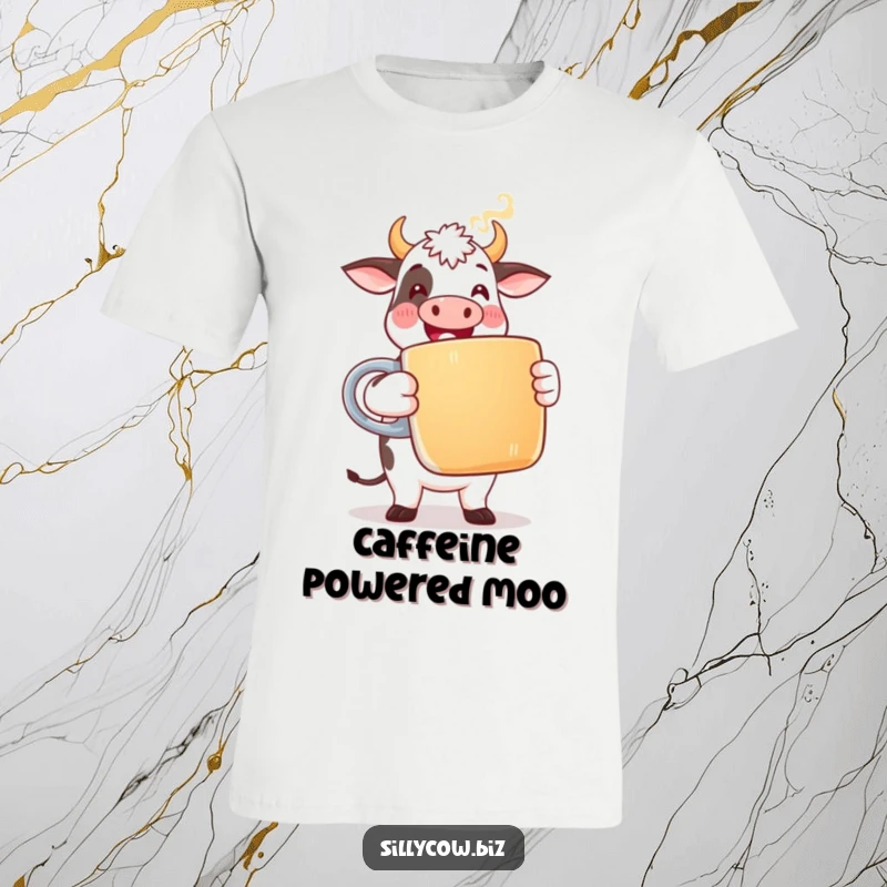 Funny Cow T-Shirt: A happy, stylized cow in office attire holds a giant coffee mug with steam rising, exuding coffee joy.