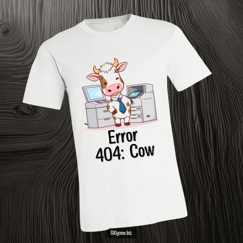 Funny Cow T-Shirt: Cow in a tie attempts to use a malfunctioning photocopier, perfect office wear.
