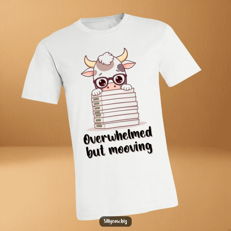 Funny t-shirt with a silly cow wearing glasses, peeking over a large stack of documents, ideal for academics and office humor.