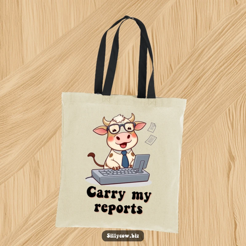 Funny Cow Tote Bag: A cute, round cow wearing glasses and a tie enthusiastically types on a large keyboard with papers flying.