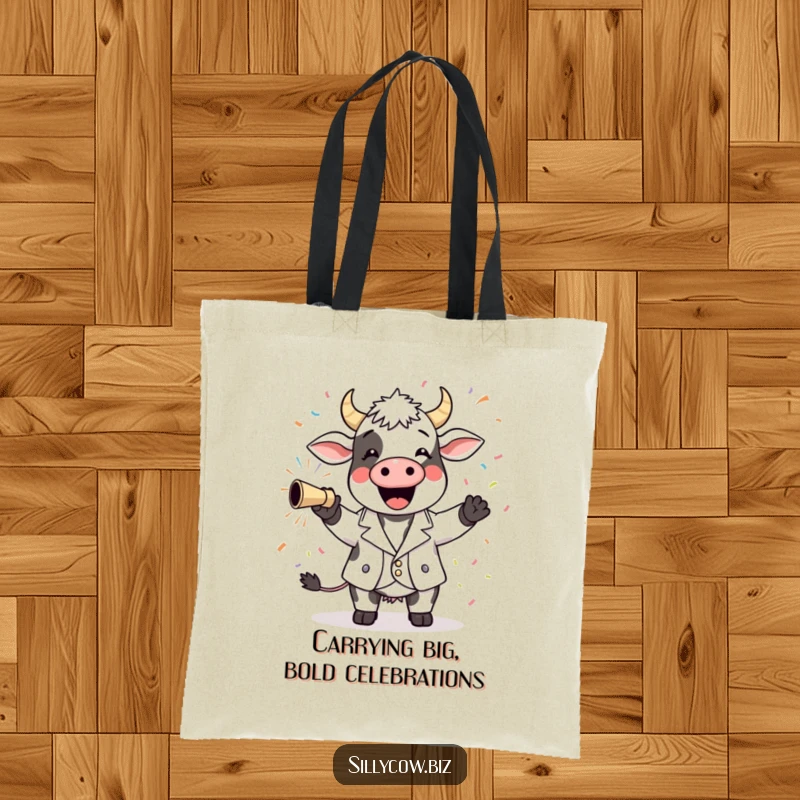 Funny Cow Tote Bag: A cheerful cow in a mini blazer joyfully firing a confetti cannon, perfect for everyday fun.
