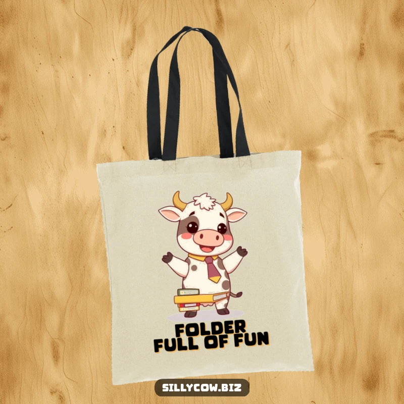 Funny Cow Tote Bag: A cow in a novelty tie comically balancing folders, perfect for carrying work essentials with humor.