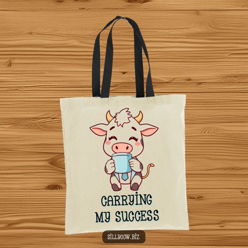 Funny tote bag with a cheerful cow wearing a suit, happily sipping coffee, perfect for carrying essentials with a humorous touch.