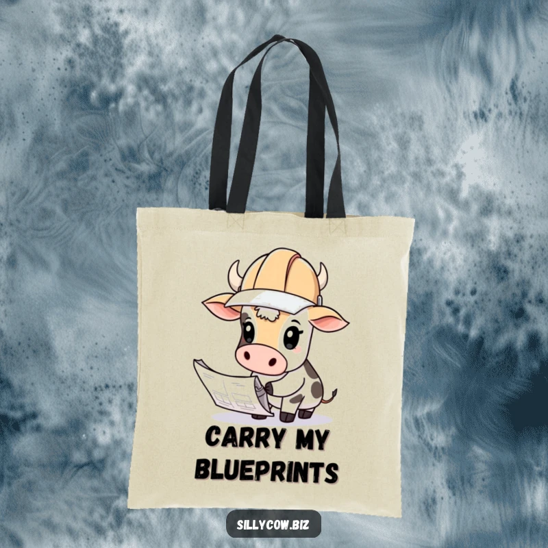 Funny Cow Tote Bag: Cow wearing a hard hat looks curiously at blueprints, perfect for tools and plans.