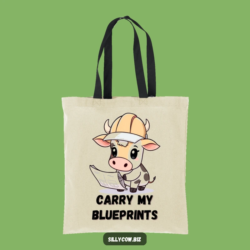 Funny Cow Hard Hat Blueprints Tote Bag - Hilarious Carryall Gift