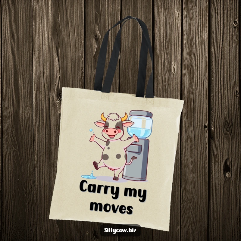 Funny Cow Tote Bag: Cow joyfully dances by a water cooler, spilling a little, stylish and fun.