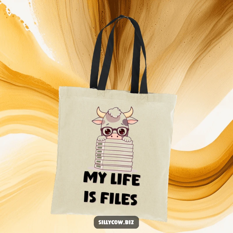 Funny tote bag with a silly cow wearing glasses, peeking out from behind a large stack of files, a humorous and practical accessory.